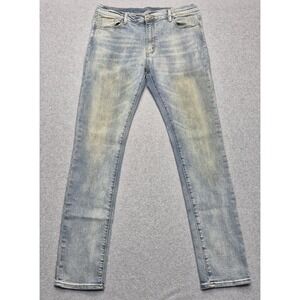 MNML Mens 36 Light Wash Skinny Fit Denim Jeans Stretch Distressed Faded